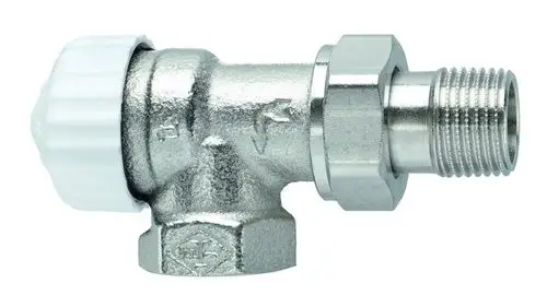 Thermostatventilunterteil aus Metall mit einem weißen Drehknopf, hergestellt von IMI Hydronic Engineering, ermöglicht die Steuerung des Wasserflusses in Heizsystemen.
